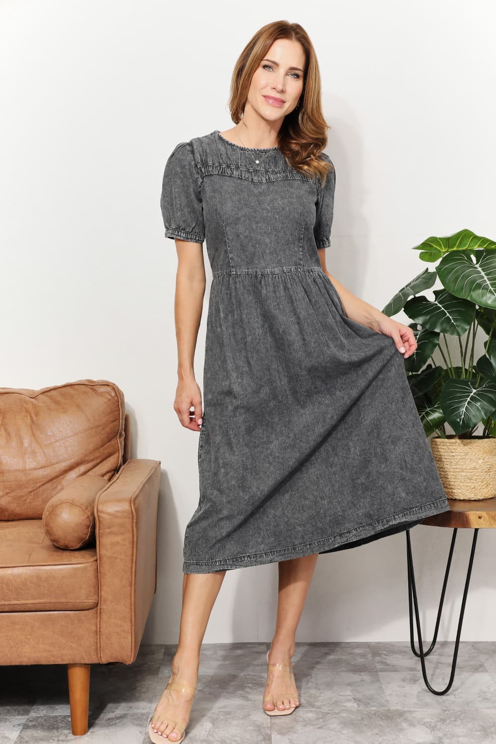 And The WhyFull Size Washed Chambray Midi Dress