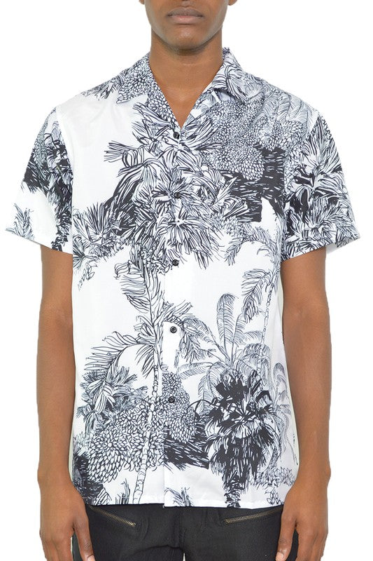 Mens White Black Print Button Down Shirts