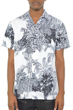 Mens White Black Print Button Down Shirts