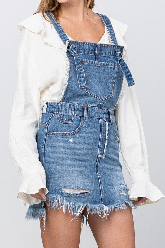 Women's Denim Frayed Detail Overlall Skirt