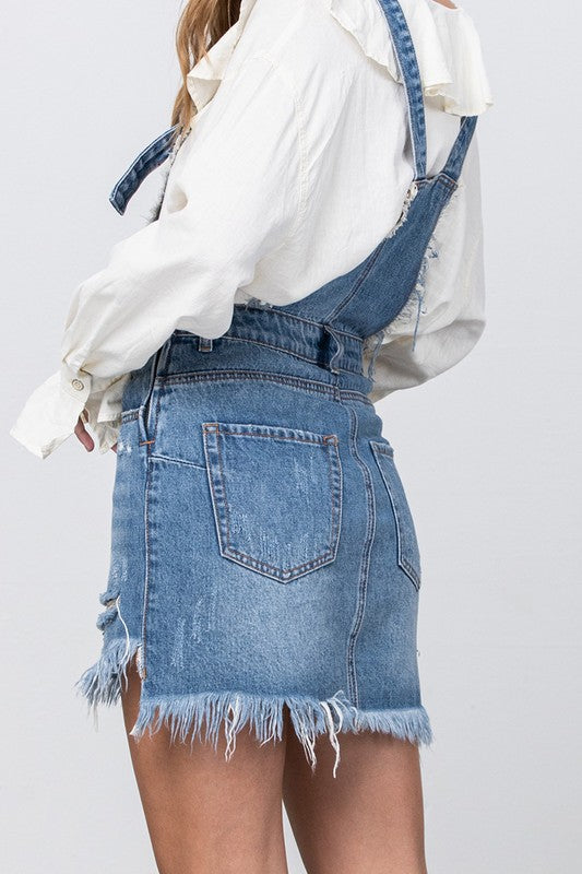 Women's Denim Frayed Detail Overlall Skirt