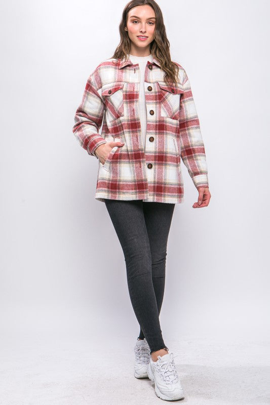 Women's Plaid Button Up Jacket with Sherpa Lining