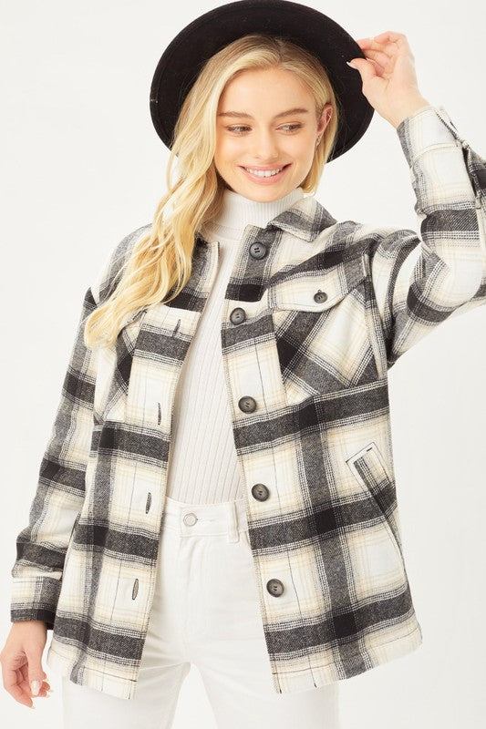 Women's Plaid Button Up Jacket with Sherpa Lining