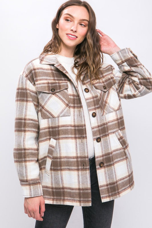 Women's Plaid Button Up Jacket with Sherpa Lining