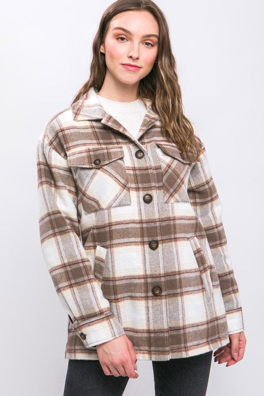 Women's Plaid Button Up Jacket with Sherpa Lining