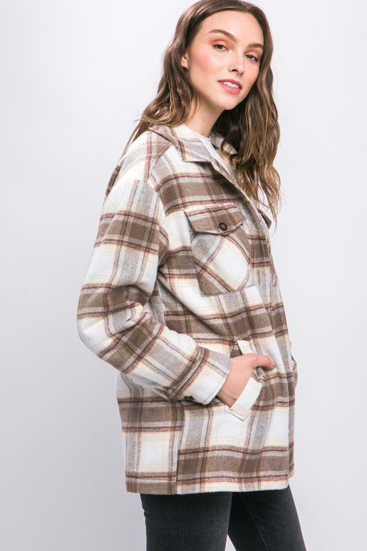 Women's Plaid Button Up Jacket with Sherpa Lining