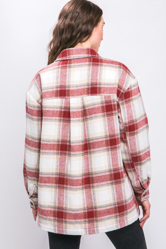 Women's Plaid Button Up Jacket with Sherpa Lining