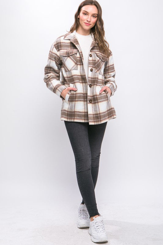 Women's Plaid Button Up Jacket with Sherpa Lining
