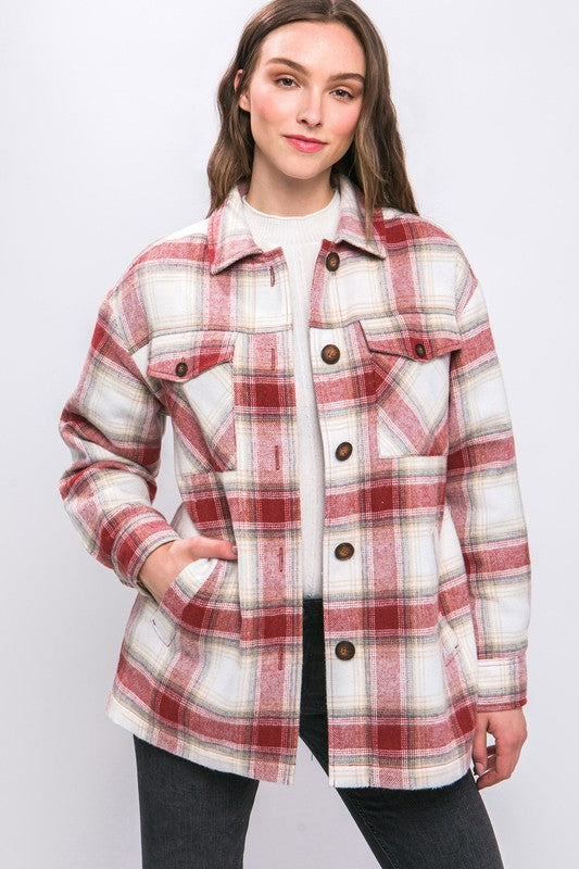 Women's Plaid Button Up Jacket with Sherpa Lining