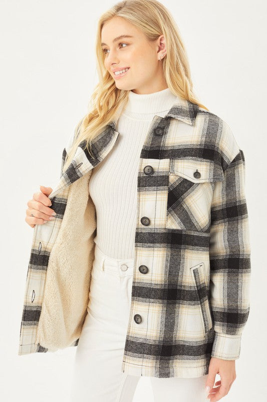 Women's Plaid Button Up Jacket with Sherpa Lining