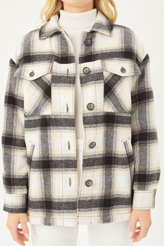 Women's Plaid Button Up Jacket with Sherpa Lining