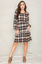 Plaid Balloon Sleeve Women's Tiered Midi Dress