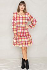 Plaid Balloon Sleeve Women's Tiered Midi Dress