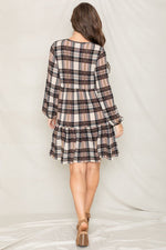 Plaid Balloon Sleeve Women's Tiered Midi Dress