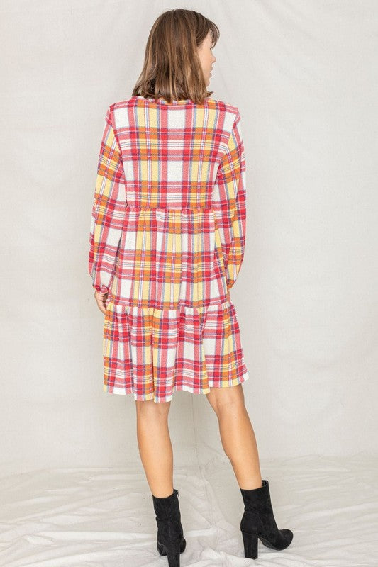 Plaid Balloon Sleeve Women's Tiered Midi Dress
