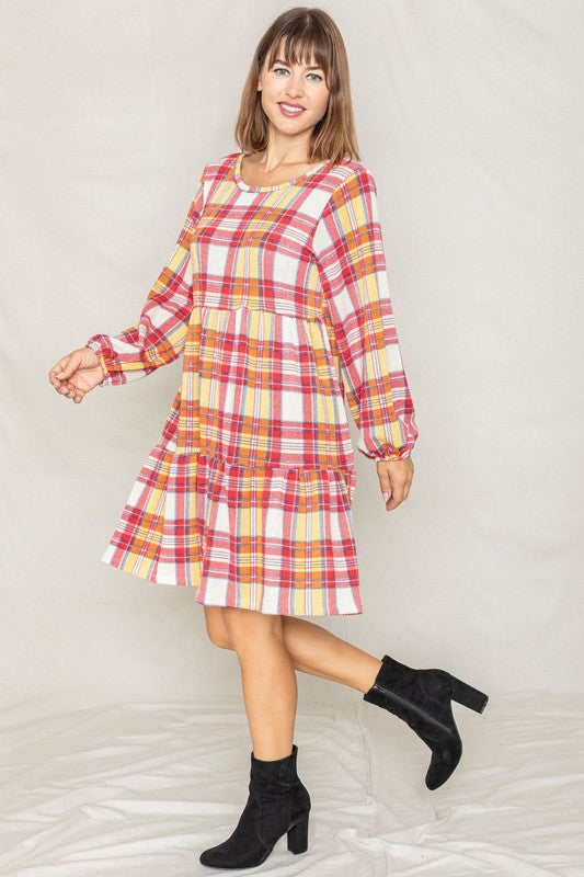 Plaid Balloon Sleeve Women's Tiered Midi Dress