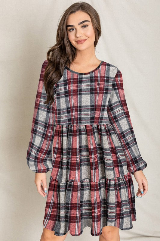 Plaid Balloon Sleeve Women's Tiered Midi Dress