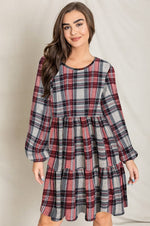 Plaid Balloon Sleeve Women's Tiered Midi Dress