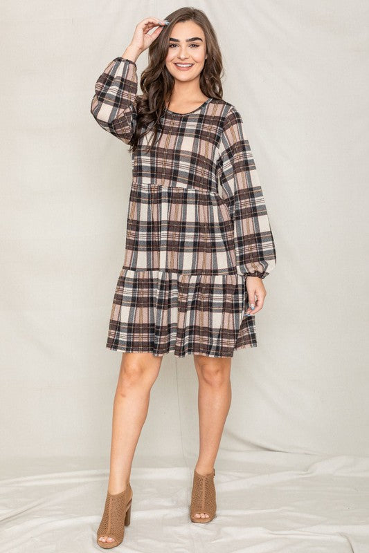 Plaid Balloon Sleeve Women's Tiered Midi Dress
