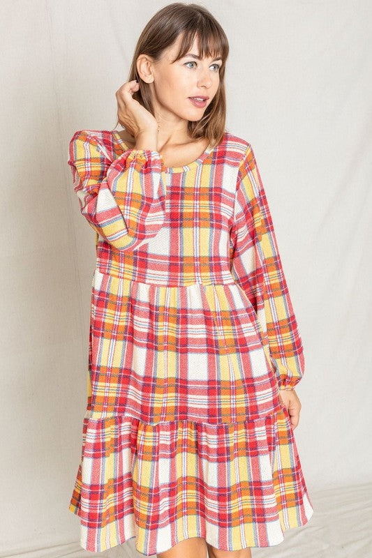 Plaid Balloon Sleeve Women's Tiered Midi Dress