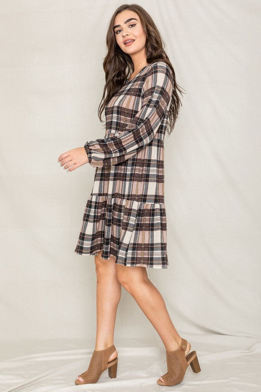 Plaid Balloon Sleeve Women's Tiered Midi Dress