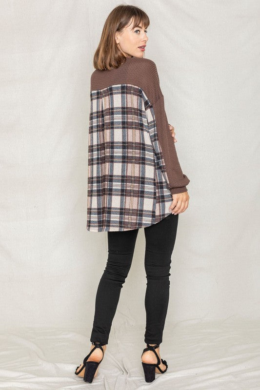 Women's Plaid Back Waffle KnitCardigan