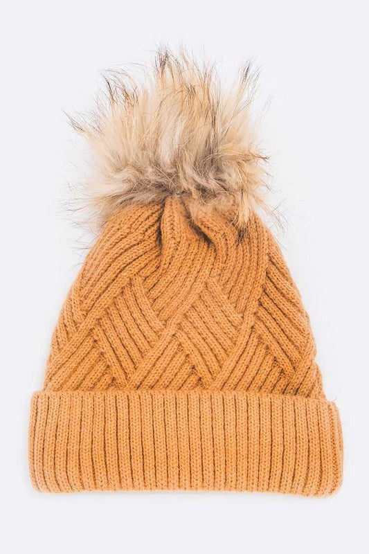 Raised Knit Raccoon Fur Pom Beanie