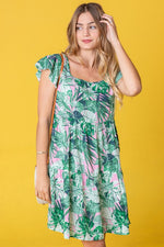 Tropical Flutter Sleeve Tiered Midi Dress