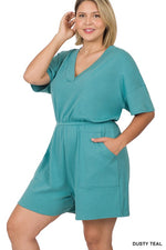 Women's Plus Size Drop Shoulder V-Neck Romper with Pockets