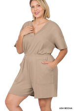 Women's Plus Size Drop Shoulder V-Neck Romper with Pockets
