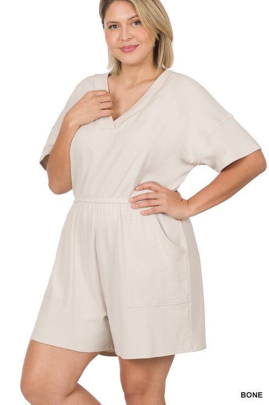Women's Plus Size Drop Shoulder V-Neck Romper with Pockets