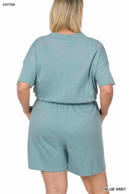 Women's Plus Size Drop Shoulder V-Neck Romper with Pockets