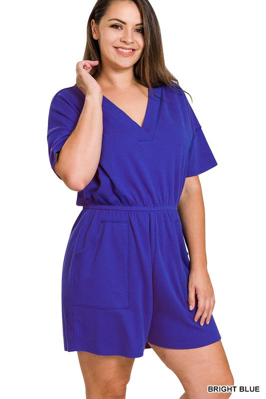 Women's Plus Size Drop Shoulder V-Neck Romper with Pockets