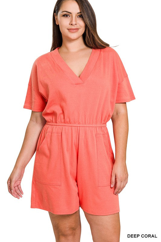 Women's Plus Size Drop Shoulder V-Neck Romper with Pockets