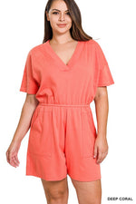 Women's Plus Size Drop Shoulder V-Neck Romper with Pockets