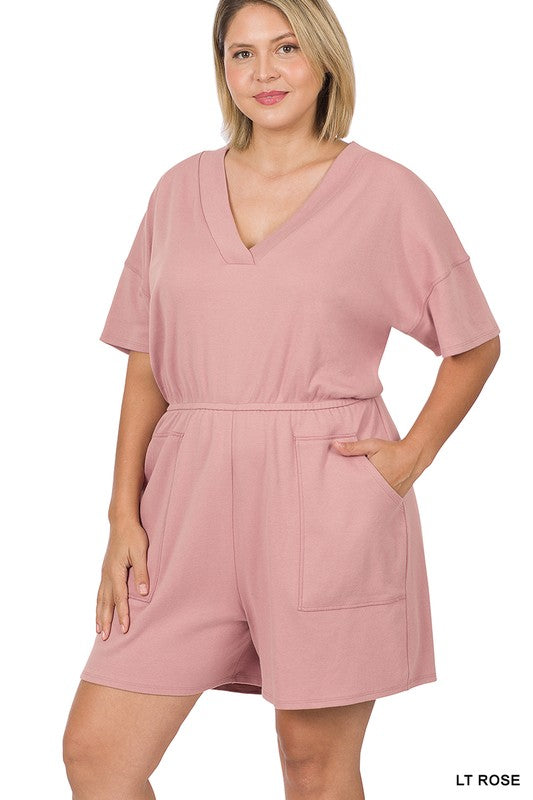 Women's Plus Size Drop Shoulder V-Neck Romper with Pockets