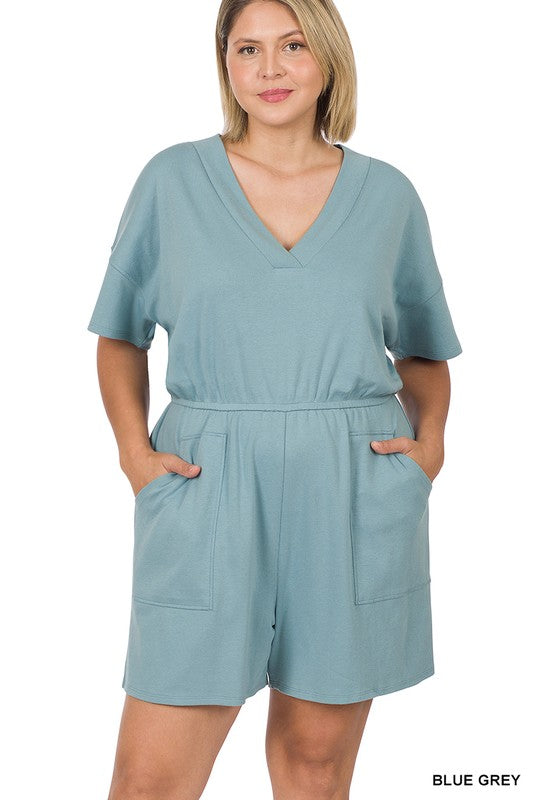 Women's Plus Size Drop Shoulder V-Neck Romper with Pockets