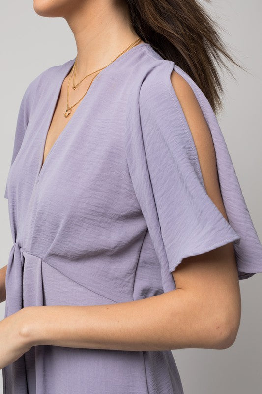 Solid V-Neck Midi Dress W-Front Knot