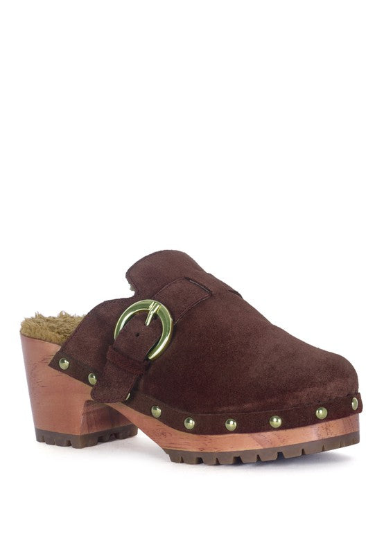 Prunus Buckled Women's Suede Round Toe Mule Clogs