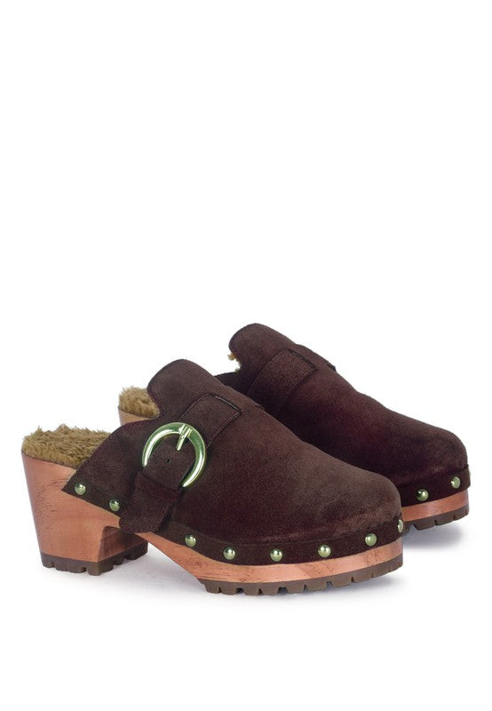 Prunus Buckled Women's Suede Round Toe Mule Clogs