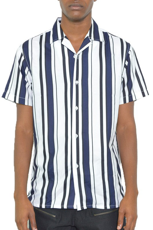 Mens Short Sleeve Striped Button Down Shirt