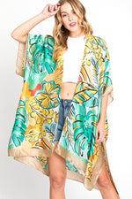 Tropical Leaf Print Silky Kimono Cover UP