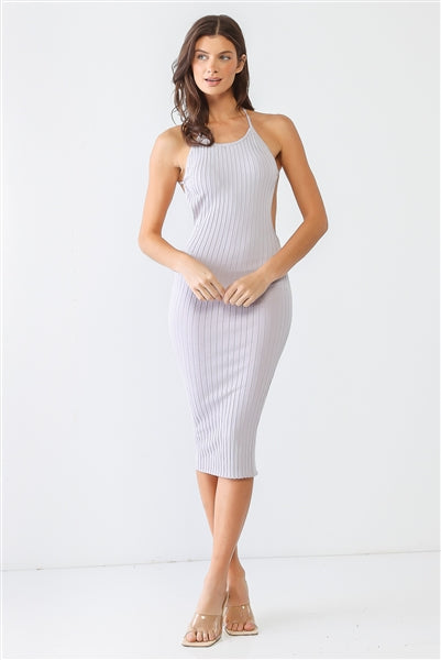Light Purple Ribbed Halter Neck Sleeveless Criss-Cross Open Back Midi Dress