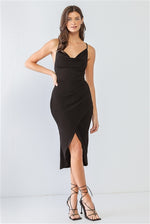 Black Cowl Neck Strappy Wrap Hem Midi Dress
