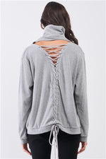 Heather Grey Long Sleeve Cut Out Lace Up Tie Back Detail Turtleneck Top