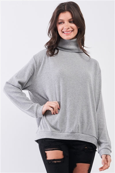 Heather Grey Long Sleeve Cut Out Lace Up Tie Back Detail Turtleneck Top