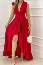 Ruffled Plunge Sleeveless Maxi Dress