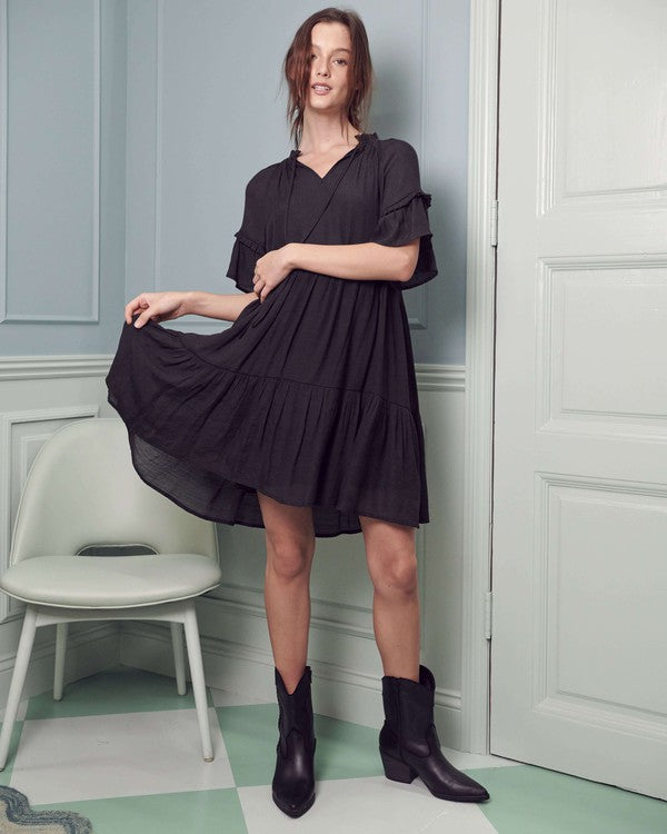 Women's Ruffled Neck Tiered Mini Dress