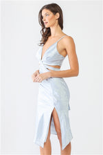 Blue Printed Satin Cut-Out Detail V-Neck Self-Tie Side Slit Midi Dress