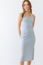 Light Blue Ribbed Sleeveless Criss-Cross Back Midi Dress